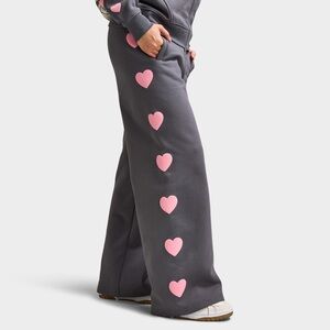 Wide-Leg Heart Print Sweatpants — Charcoal with Pink Hearts